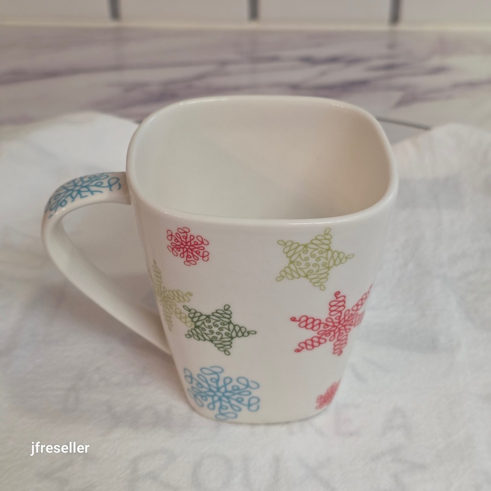 Early 2000s VTG Starbucks Whimsical Stars & Snowflakes Holiday Square Mug Winter